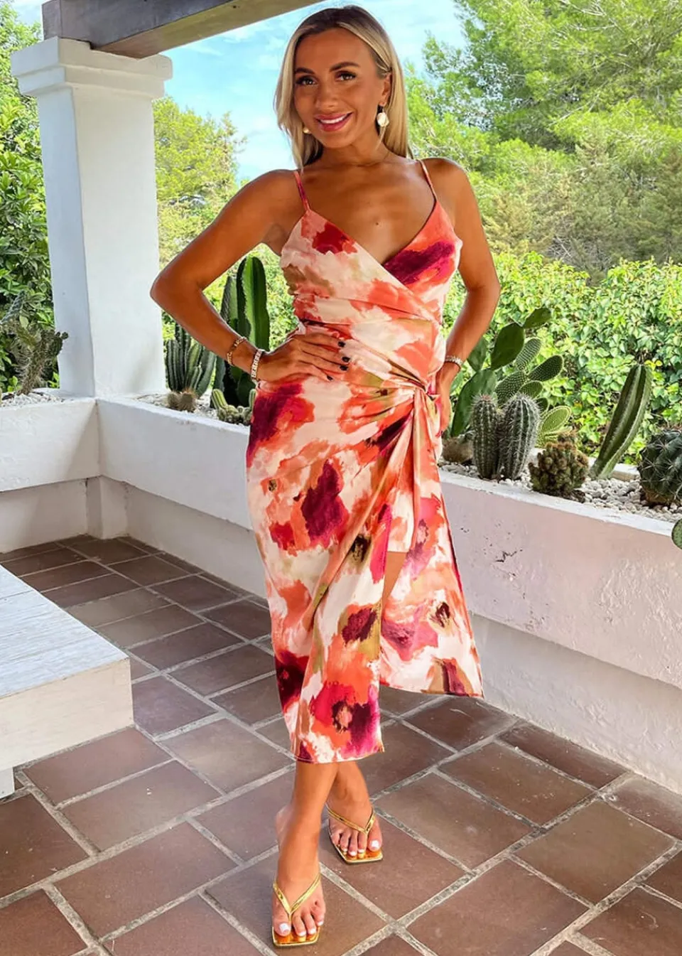 Dresses>AX Paris Peach Smudge Print Strappy Wrap Top Knot Skirt Midi Dress