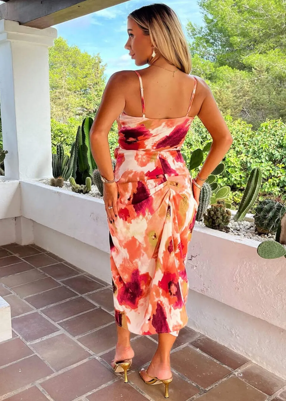 Dresses>AX Paris Peach Smudge Print Strappy Wrap Top Knot Skirt Midi Dress