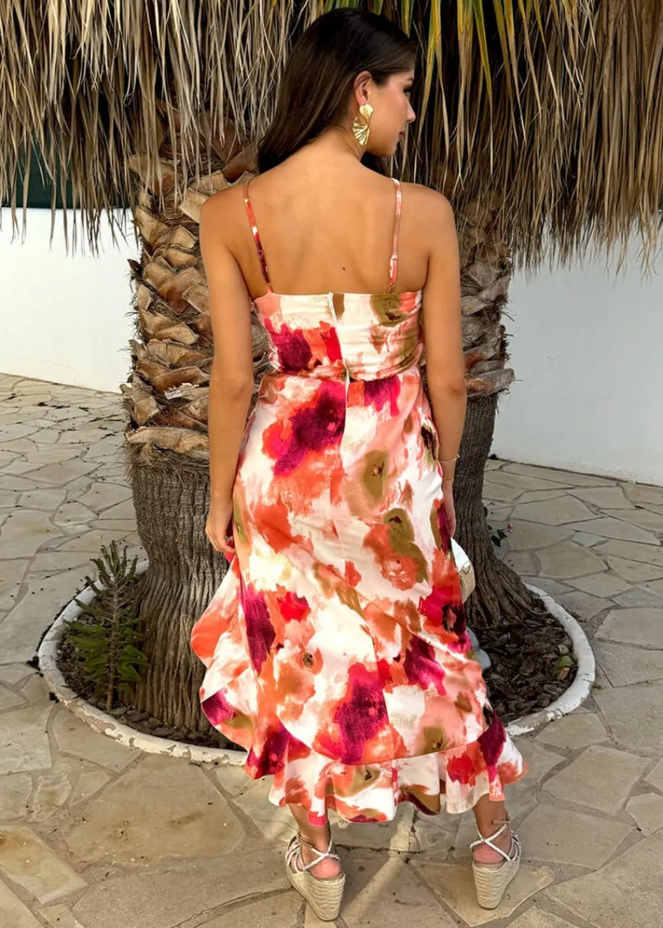 Dresses>AX Paris Smudge Print Racer Neck High Low Frill Hem Midi Dress Peach