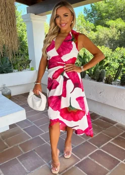 Dresses>AX Paris Pink Floral Print Wrap Top Gathered Midi Dress