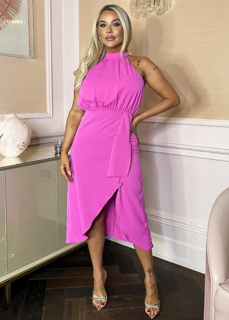 Dresses>AX Paris Pink Halter Neck Dipped Hem Midi Dress