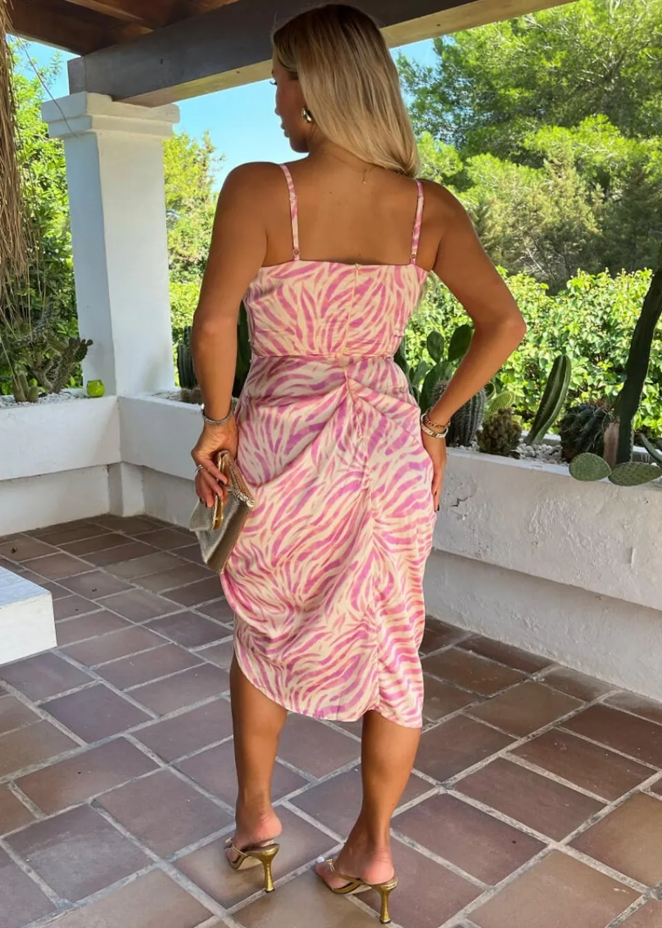 Dresses>AX Paris Zebra Print Strappy Wrap Top Gathered Skirt Midi Dress Pink