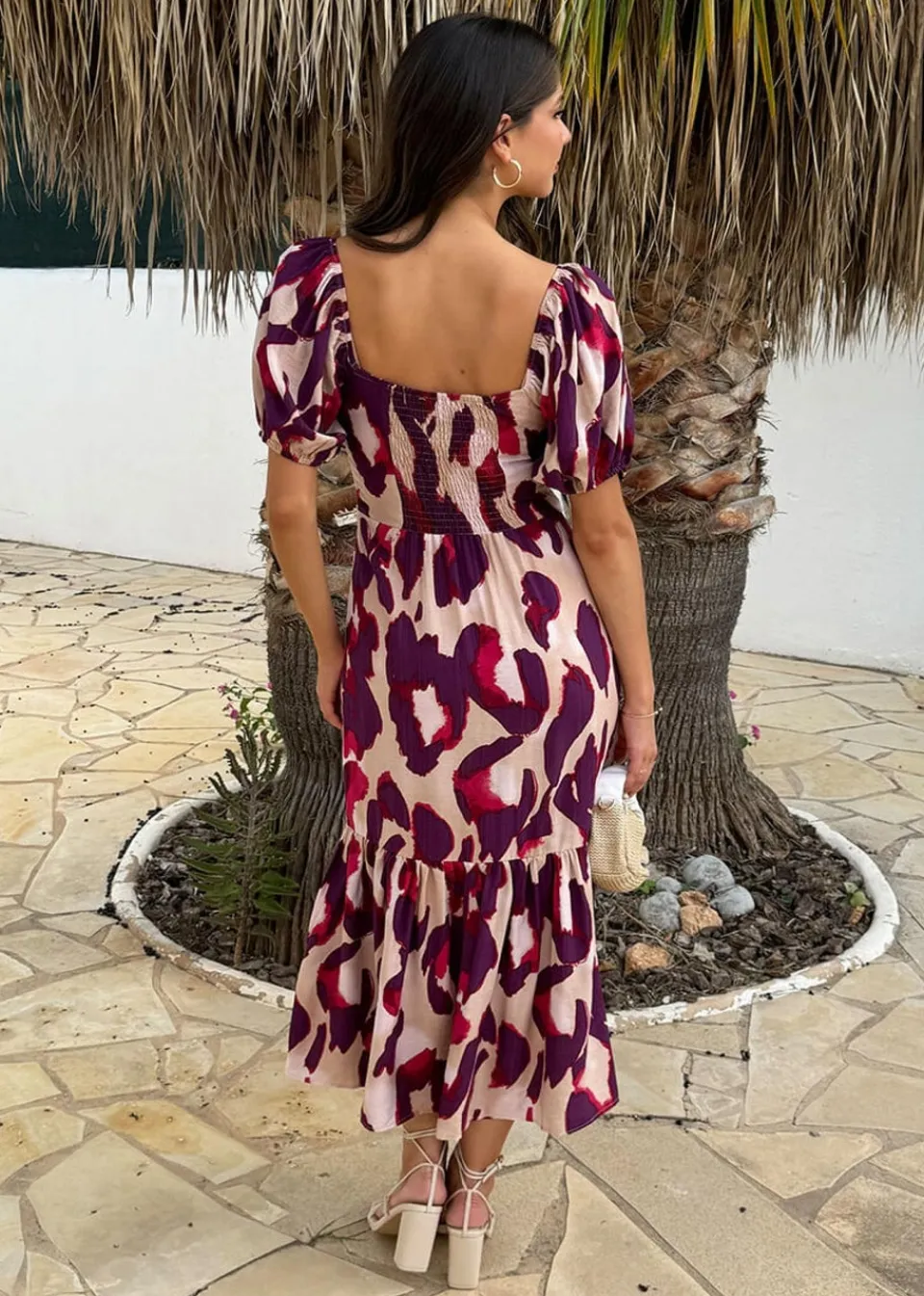 Dresses>AX Paris Purple Animal Print Puff Sleeve Smock Midi Dress
