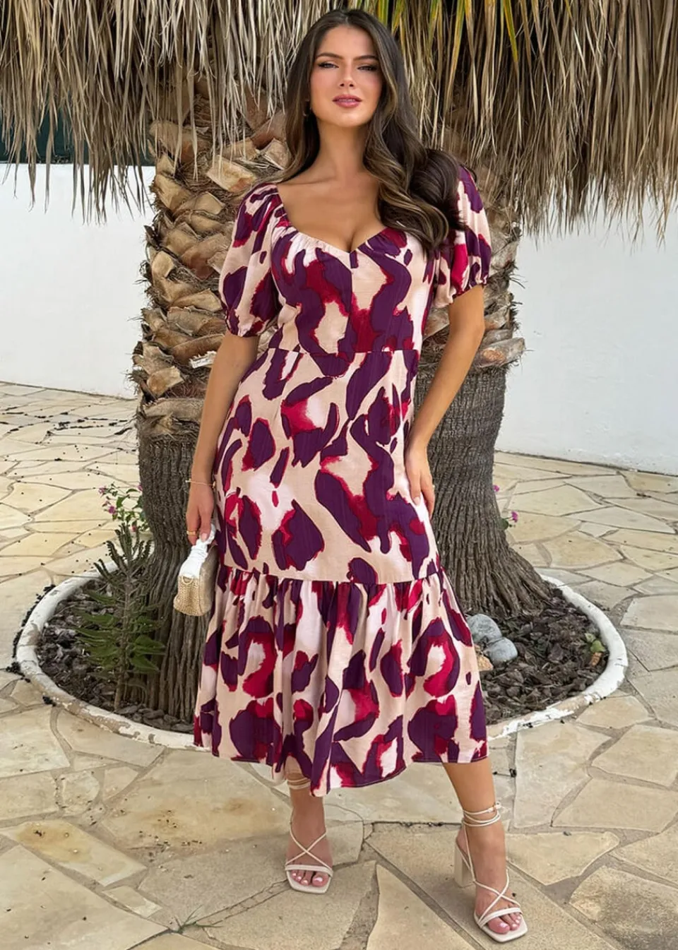 Dresses>AX Paris Purple Animal Print Puff Sleeve Smock Midi Dress