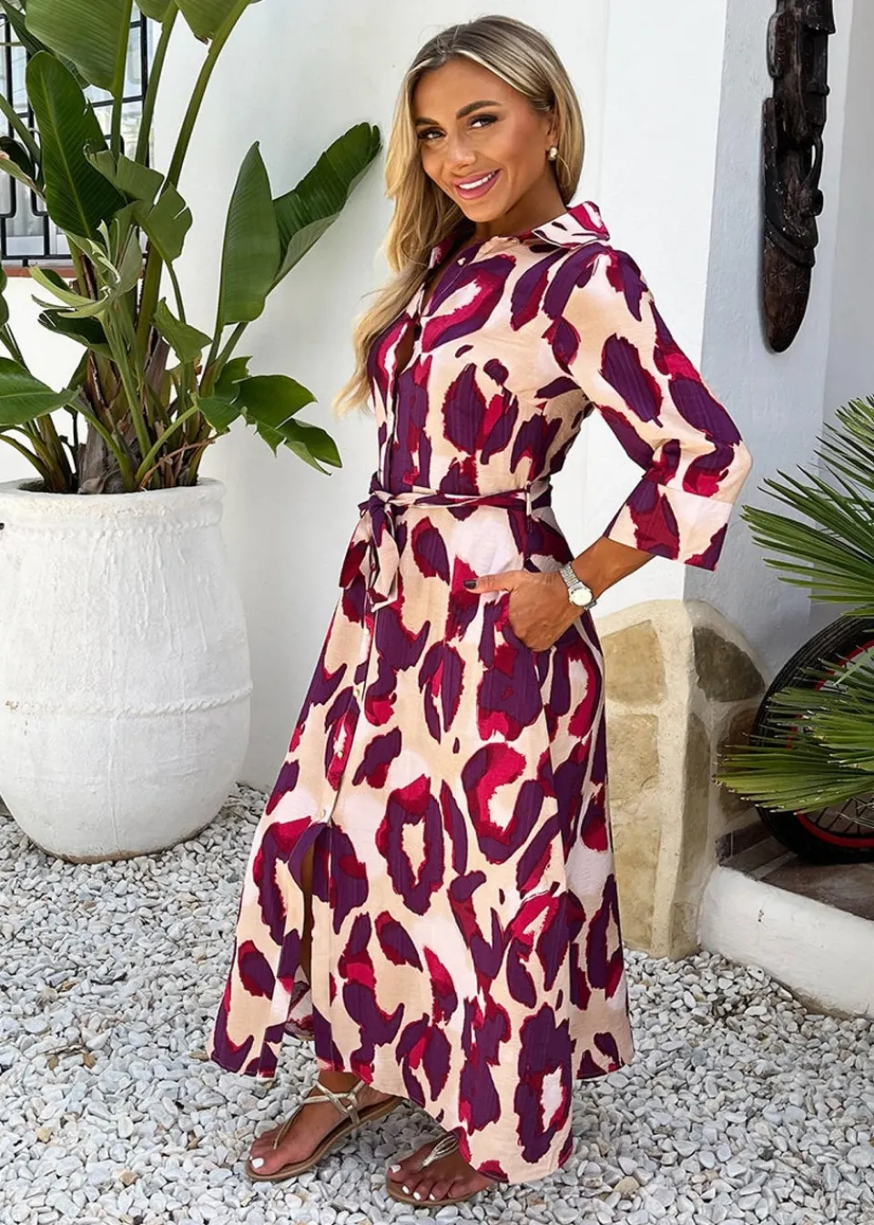 Dresses>AX Paris Purple Animal Print 3/4 Sleeve Shirt Midi Dress Purpleprint