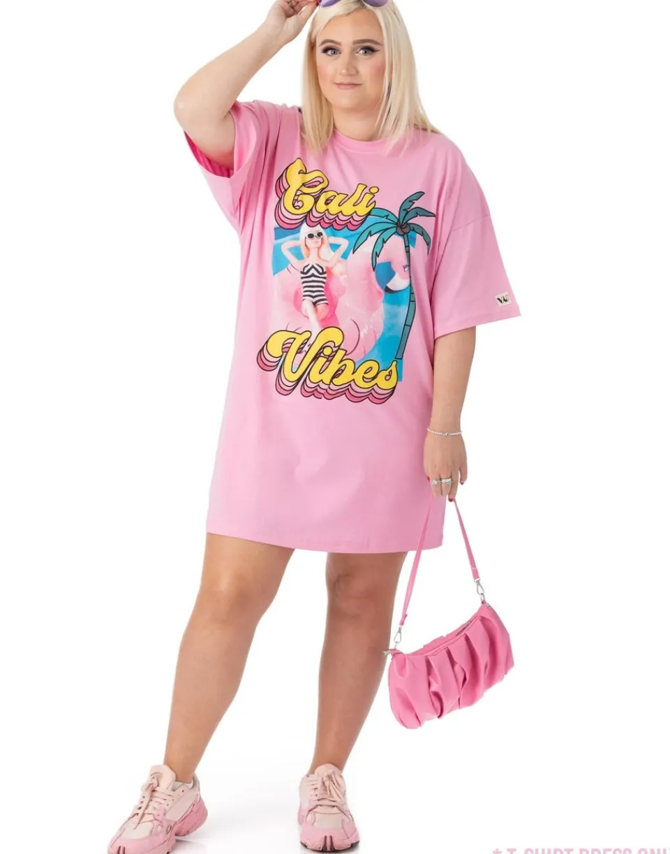 Dresses>Barbie Pink "Cali Vibes" Skater Short Sleeve T-Shirt Dress