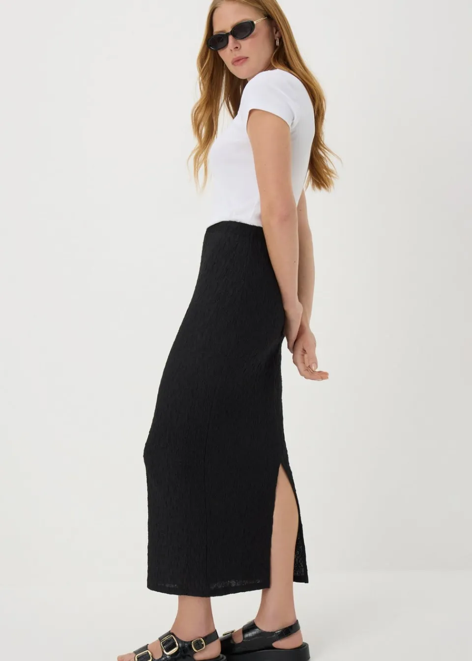 Skirts>Papaya Beige Hyper Texture Midaxi Skirt