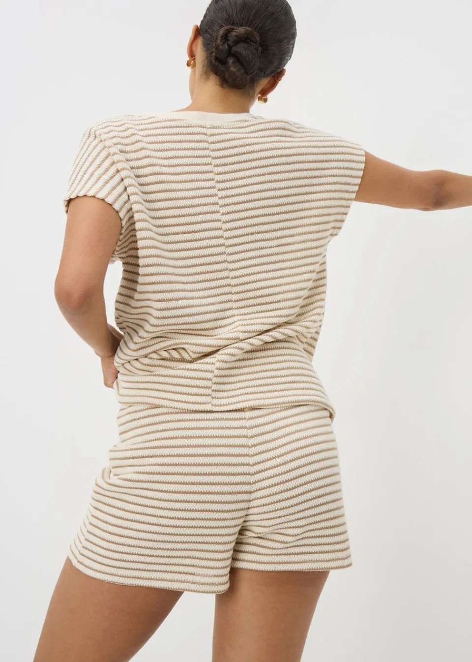Shorts>Papaya Beige Stripe Textured Co Ord Shorts