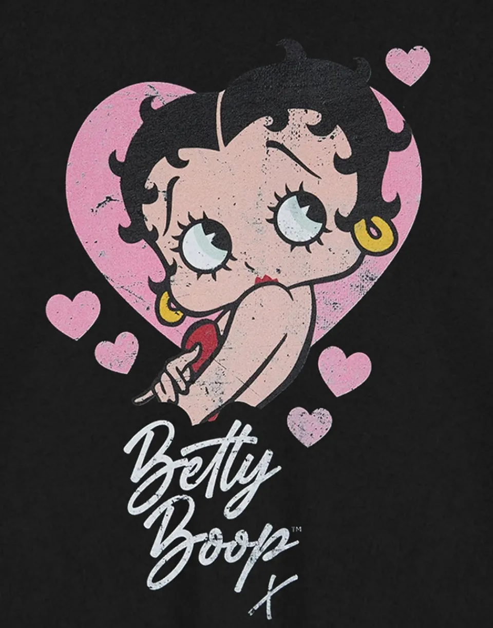 T-Shirts>Betty Boop Heart Black Cropped Short Sleeved T-Shirt
