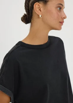 T-Shirts>Papaya Black Acid Wash Longline T-Shirt