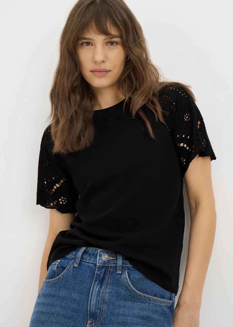 T-Shirts>Papaya Broderie Raglan Sleeve T-Shirt Black
