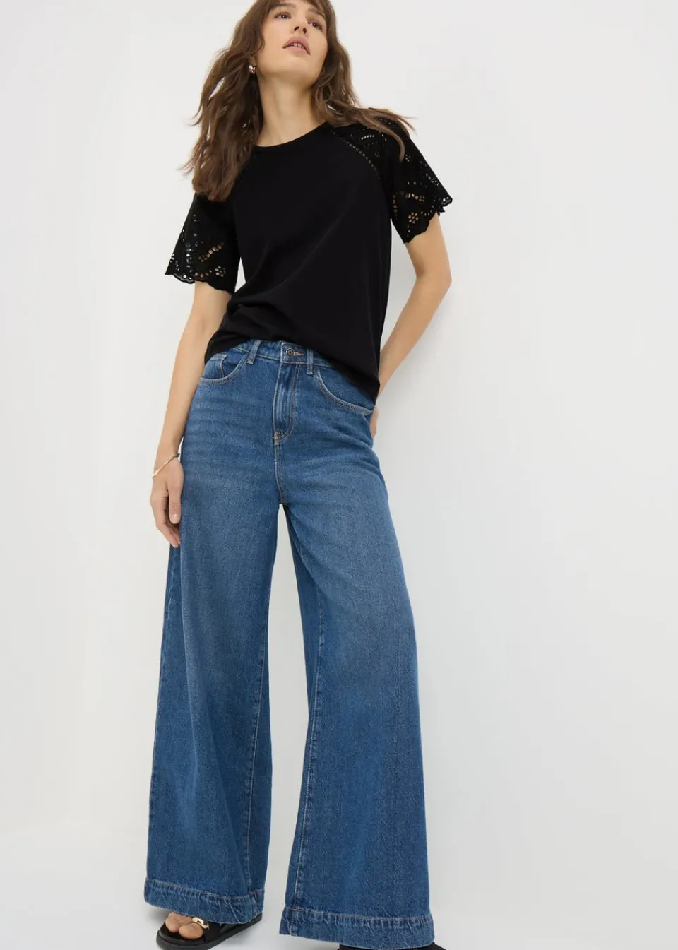 T-Shirts>Papaya Broderie Raglan Sleeve T-Shirt Black