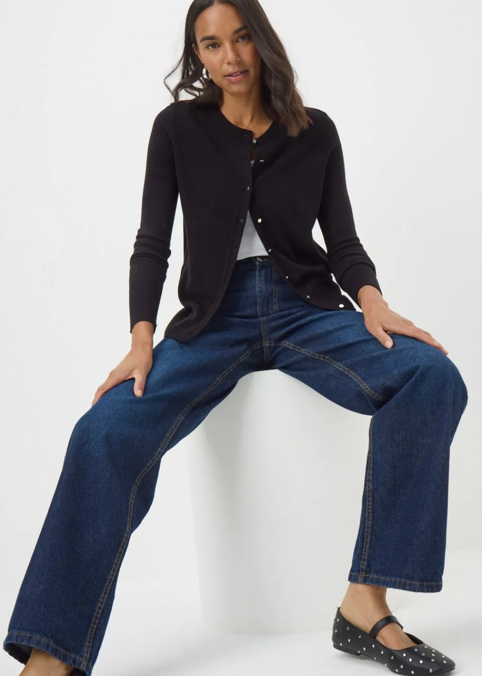 Tops>Papaya Black Button Soft Cardigan