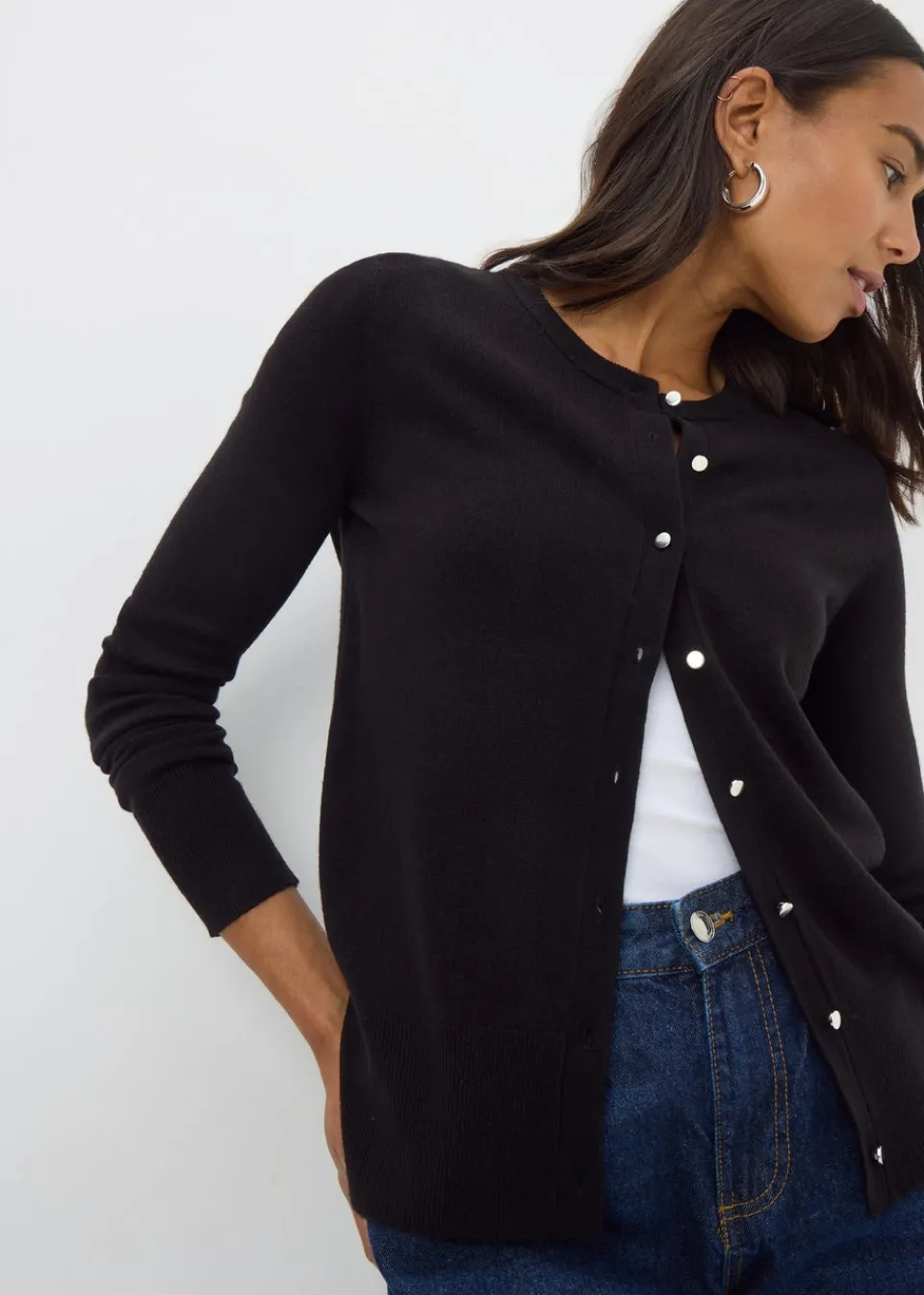 Tops>Papaya Black Button Soft Cardigan
