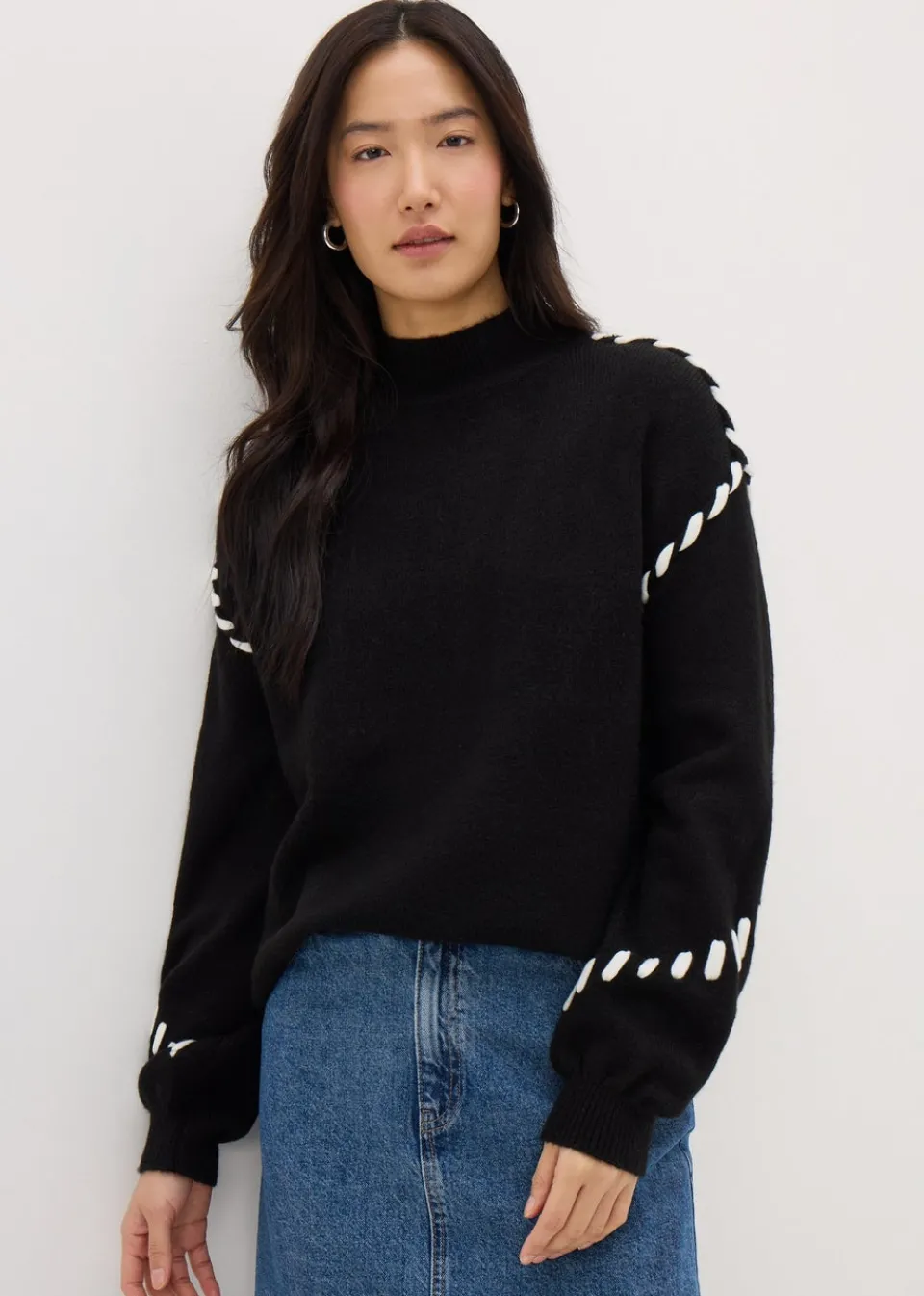 Tops>Papaya Black Contrast Stitch Jumper