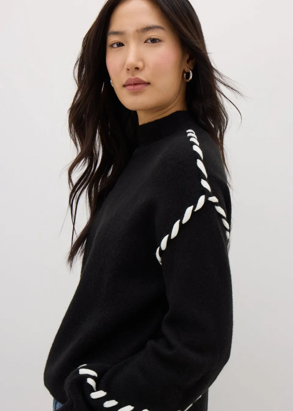 Tops>Papaya Black Contrast Stitch Jumper