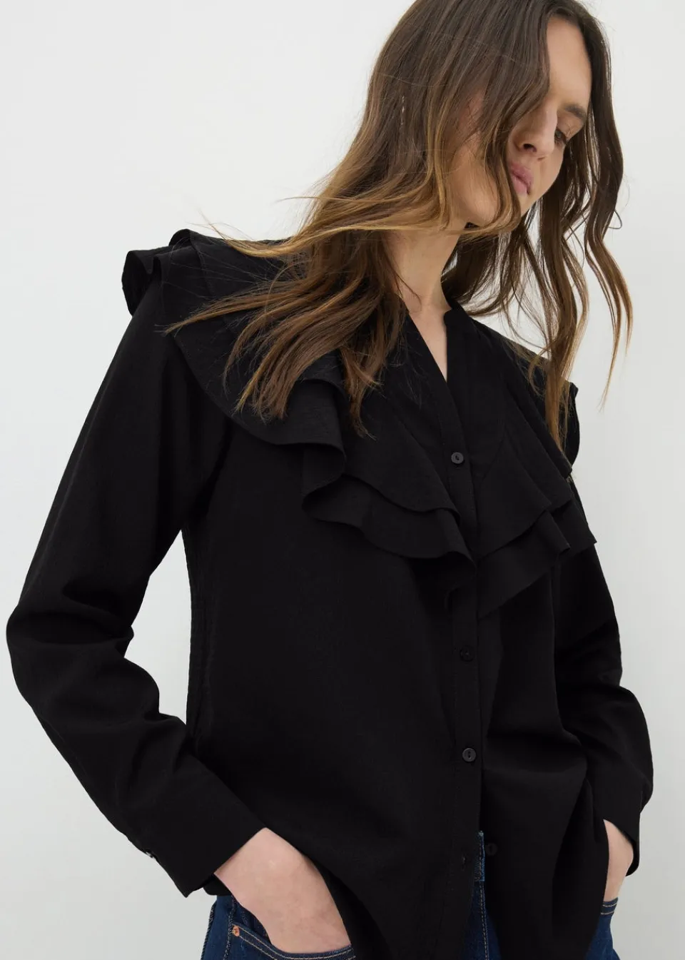 Tops>Papaya Black Double Ruffle Neck Blouse
