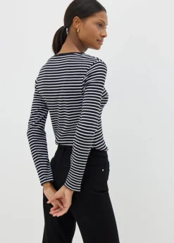 T-Shirts>Papaya Black Fitted Long Sleeve Stripe Top