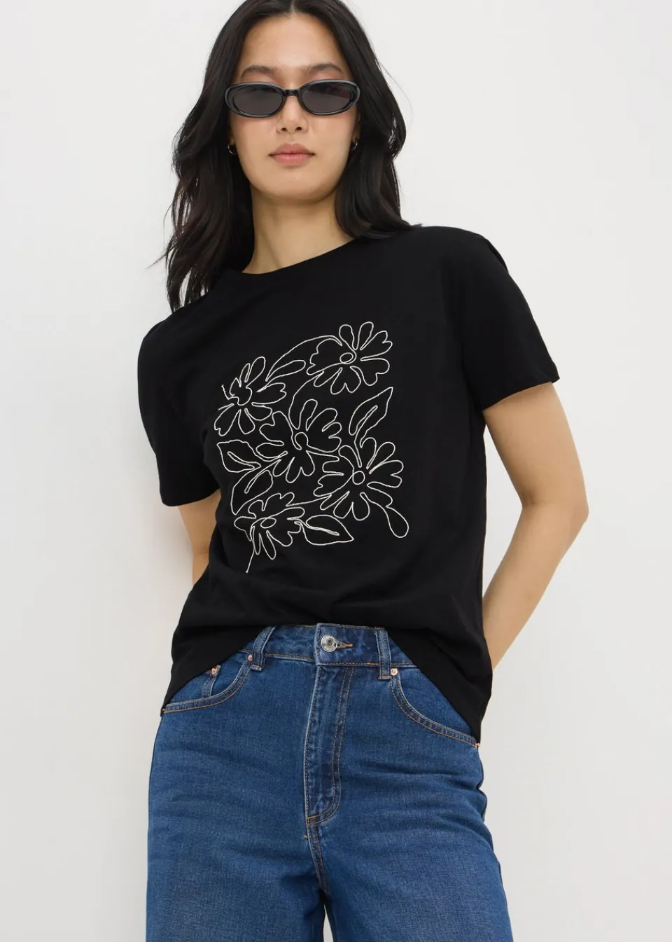 T-Shirts>Papaya Black Floral Embroidered T-Shirt