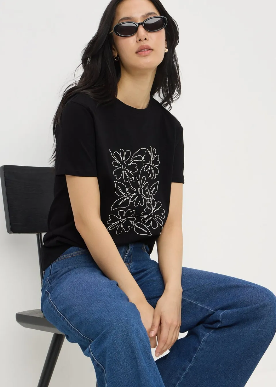 T-Shirts>Papaya Black Floral Embroidered T-Shirt