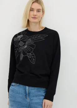 Tops>Papaya Black Floral Stitch Sweatshirt