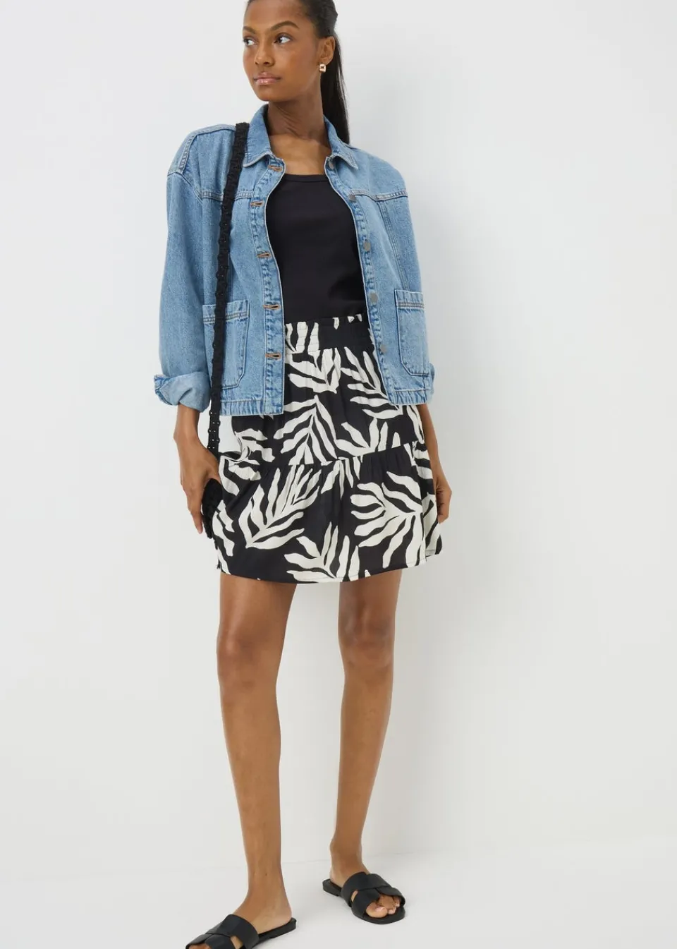 Skirts>Papaya Black Leaf Cheesecloth Mini Skirt