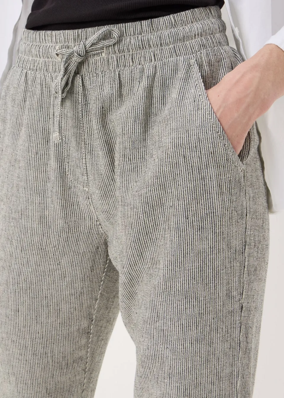 Trousers>Papaya Black Linen Blend Stripe Tapered Trousers