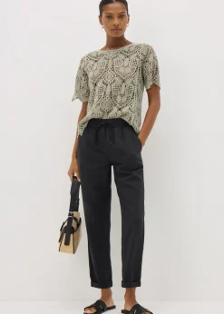 Trousers>Papaya Black Linen Blend Tapered Trousers