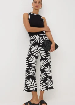 Trousers>Papaya Black Mono Leaf Crop Wide Leg Trousers