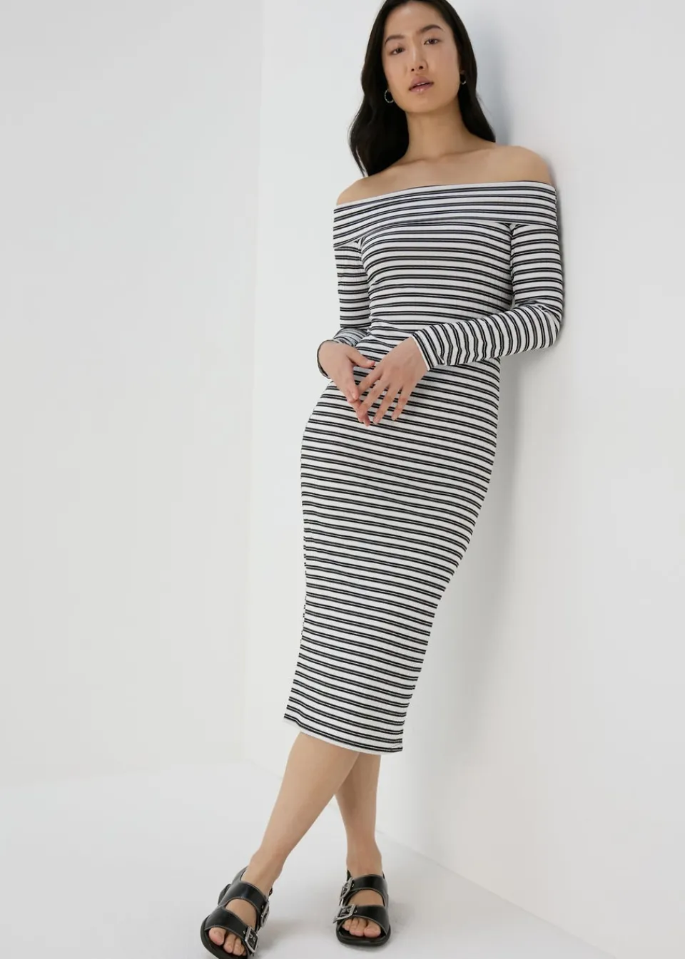 Dresses>Papaya Black Mono Ribbed Bardot Dress