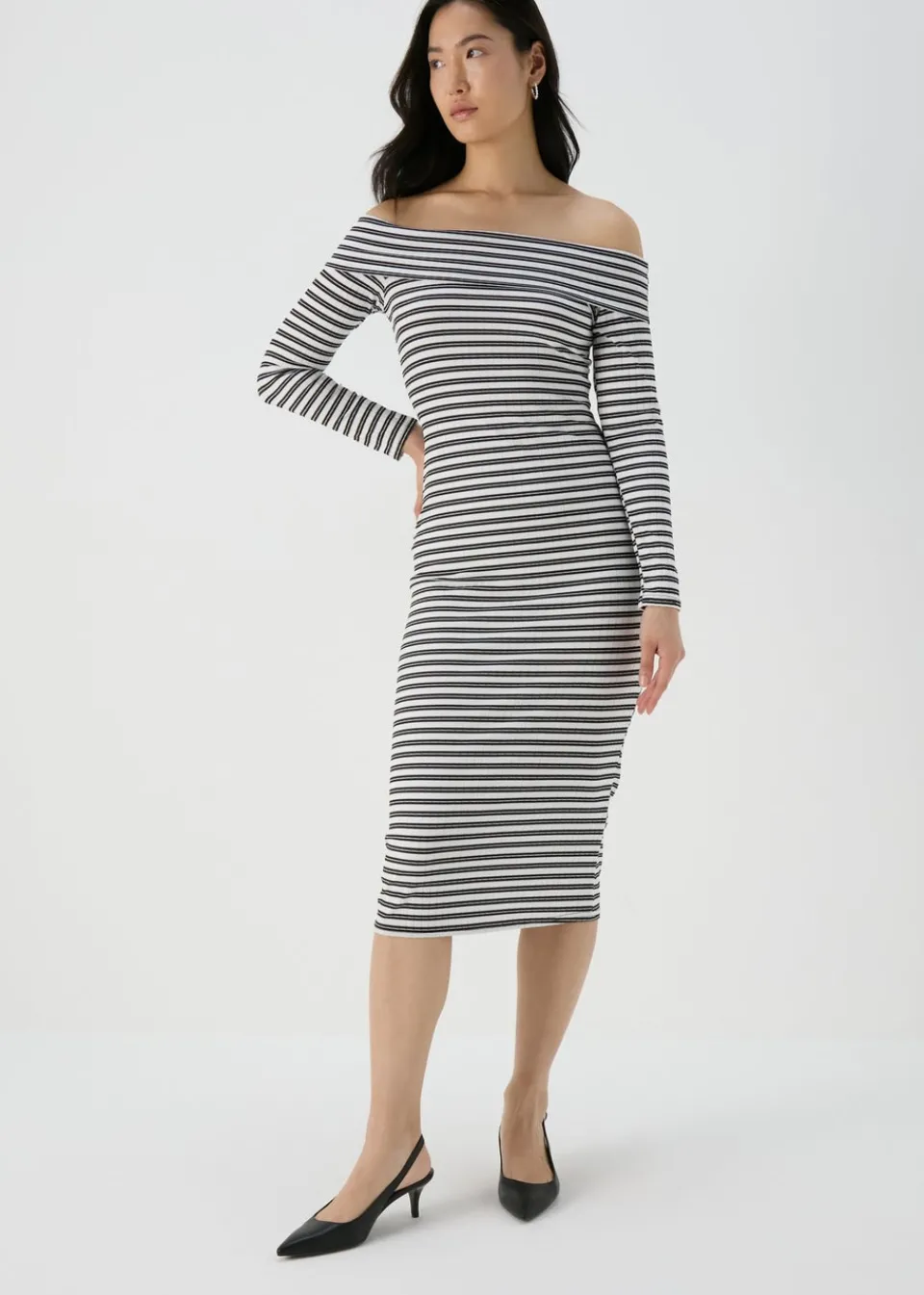 Dresses>Papaya Black Mono Ribbed Bardot Dress