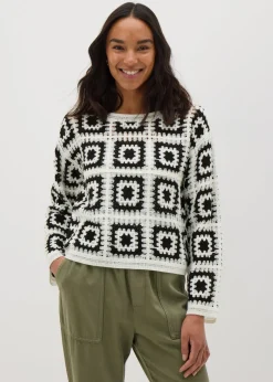 Tops>Papaya Monochrome Patchwork Crochet Jumper Black