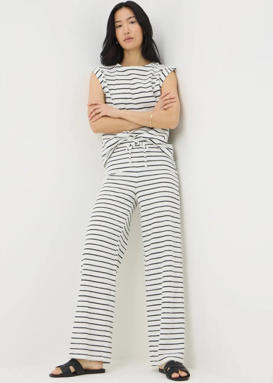 Trousers>Papaya Holiday Black Monochrome Stripe Towelling Wide Leg Trousers