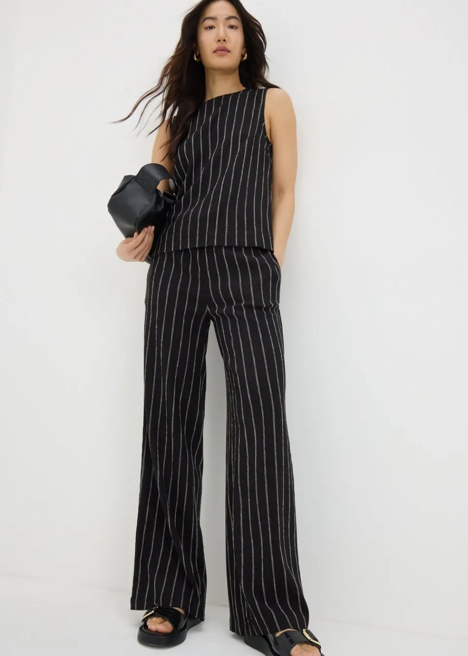 Co-Ord Sets>Papaya Black Pin Stripe Co Ord Wide Leg Trousers