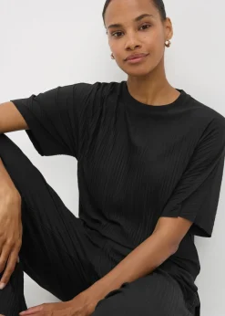 T-Shirts>Papaya Black Plisse Co Ord T-Shirt