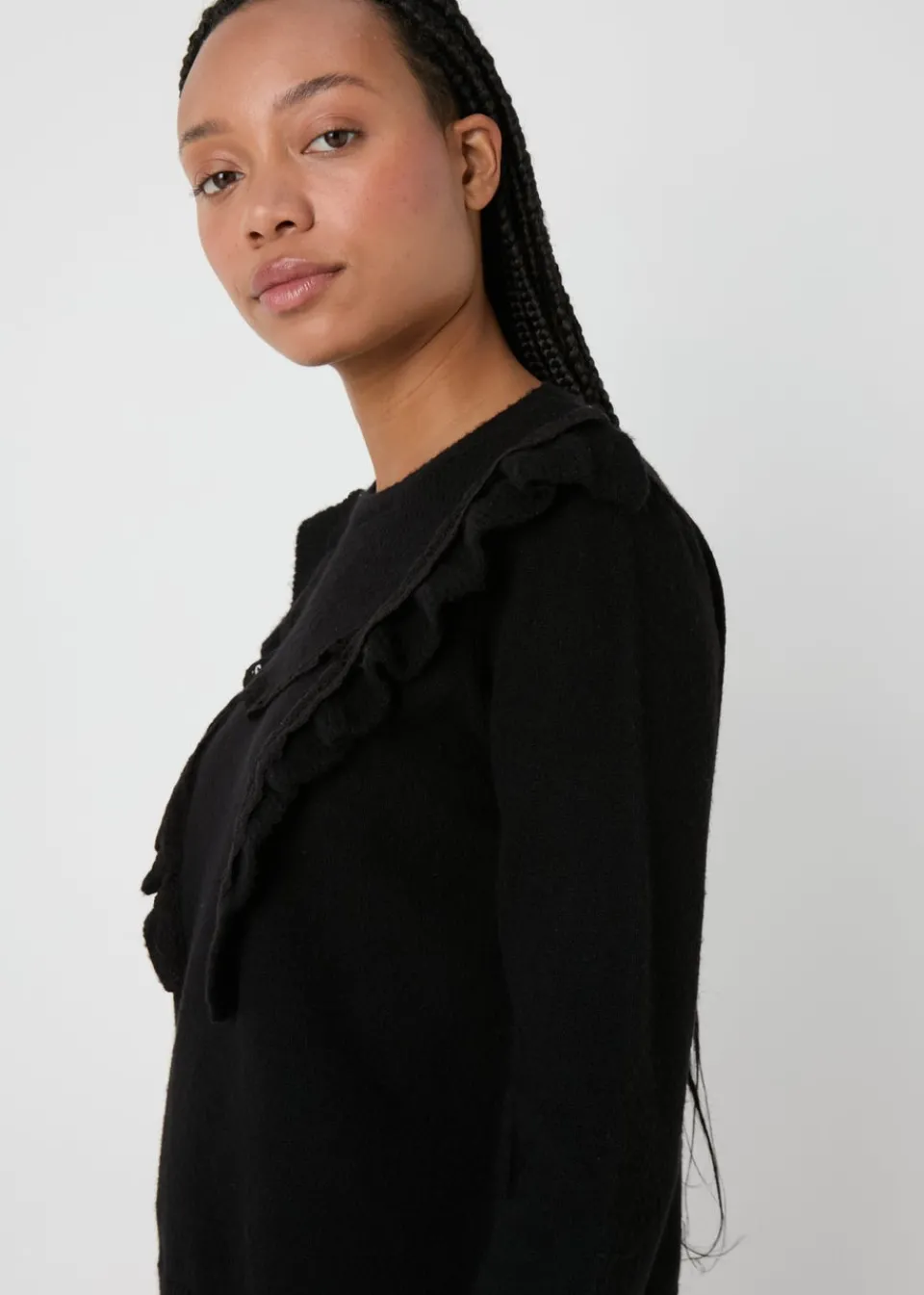 Tops>Papaya Pointelle Frill Knitted Jumper Black