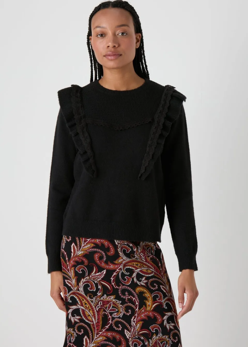 Tops>Papaya Pointelle Frill Knitted Jumper Black