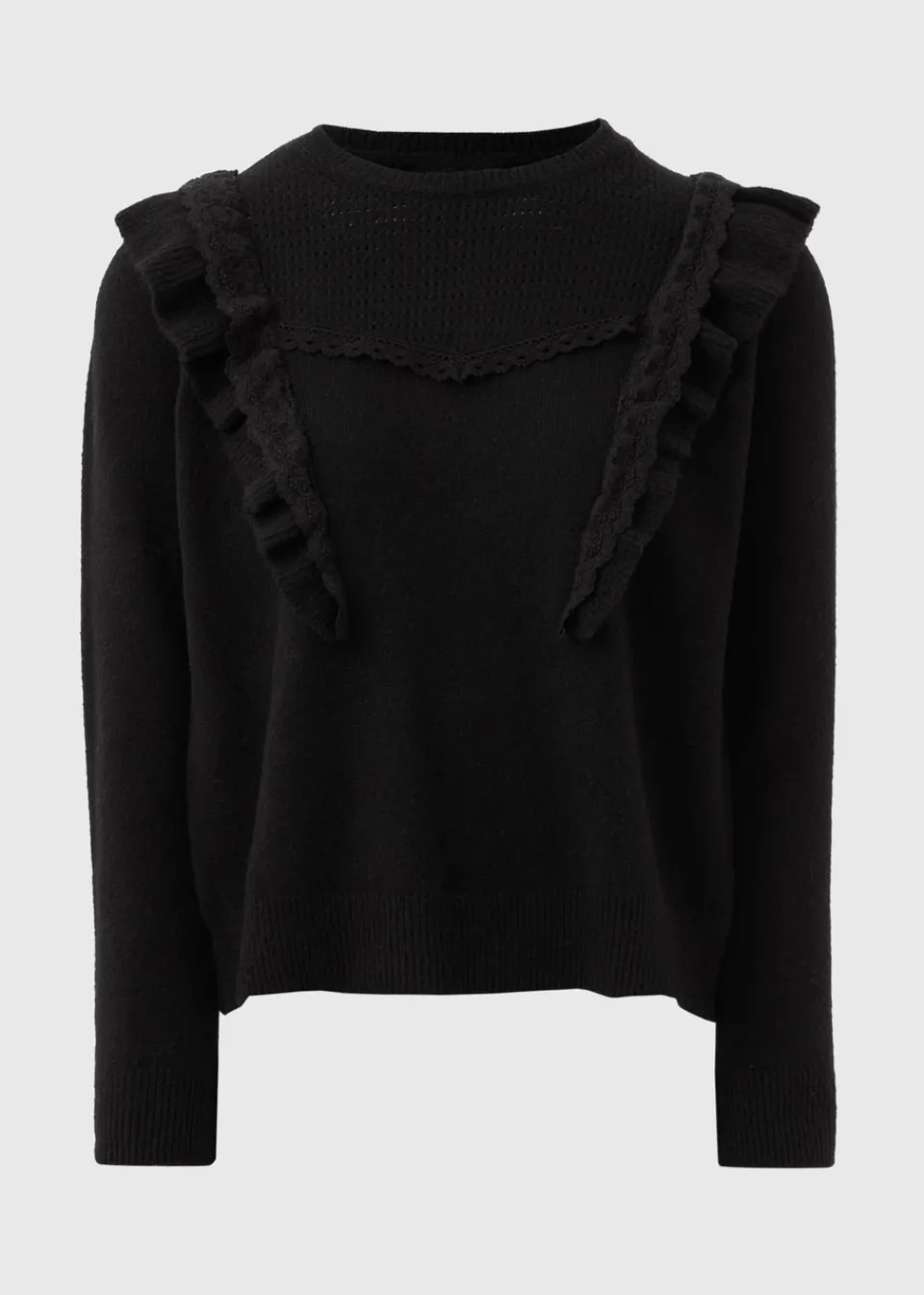 Tops>Papaya Pointelle Frill Knitted Jumper Black