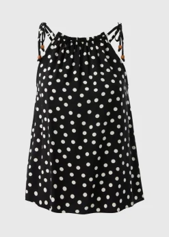 Tops>Papaya Black Polka Dot High Neck Tie Cami Top