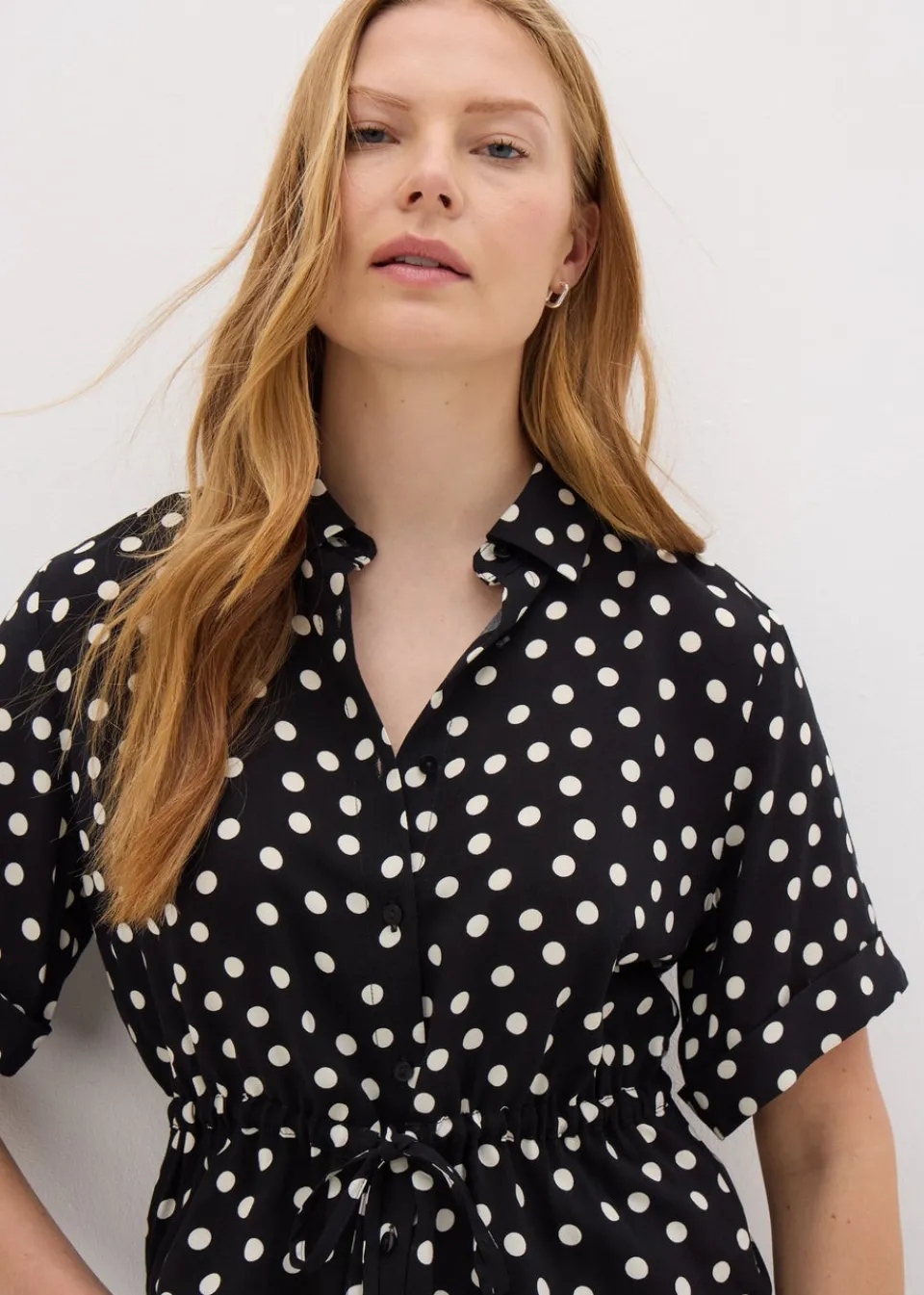Tops>Papaya Black Spot Tie Waist Longline Shirt