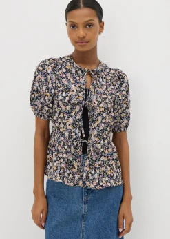 Tops>Papaya Black Tie Front Peplum Floral Blouse
