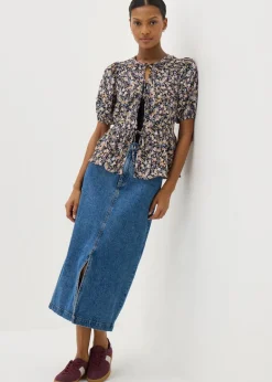 Tops>Papaya Black Tie Front Peplum Floral Blouse