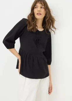 Blouses & Shirts>Papaya Black Tie Neck Peplum Blouse