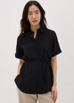 Tops>Papaya Black Tie Waist Longline Shirt