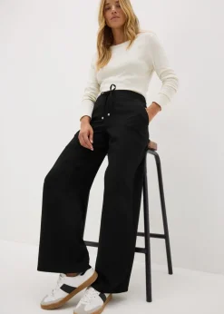 Trousers>Papaya Black Wide Leg Drawstring Trousers