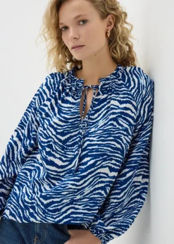 Tops>Papaya Blue Animal Print Tie Neck Blouse