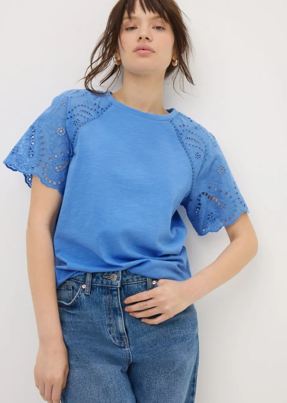 T-Shirts>Papaya Broderie Anglaise Raglan Sleeve T-Shirt Blue