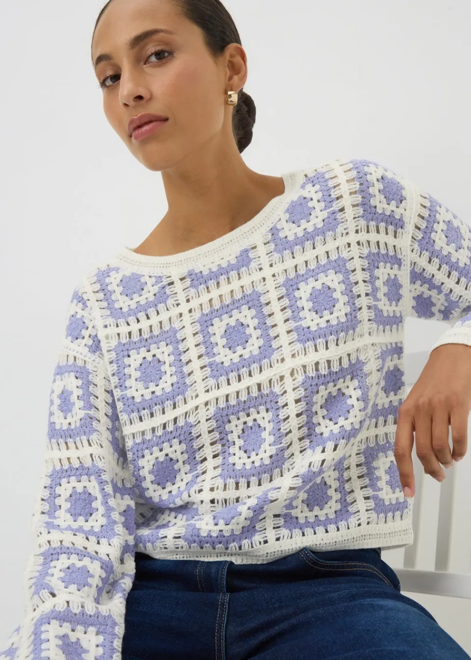 Tops>Papaya Blue Crochet Patchwork Jumper