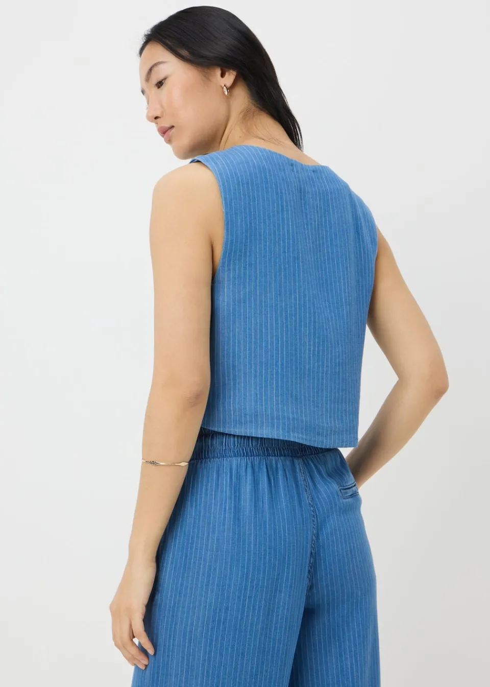 Tops>Papaya Blue Denim Pinstripe Co Ord Waistcoat