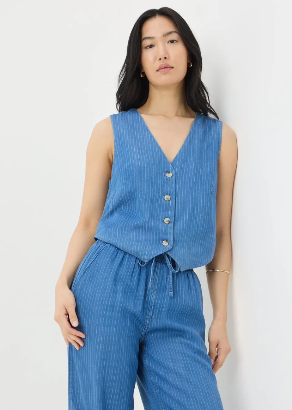 Tops>Papaya Blue Denim Pinstripe Co Ord Waistcoat